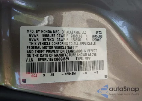 2003 Honda Odyssey Ex-L из США, поврежденный, VIN 5FNRL18913B098839